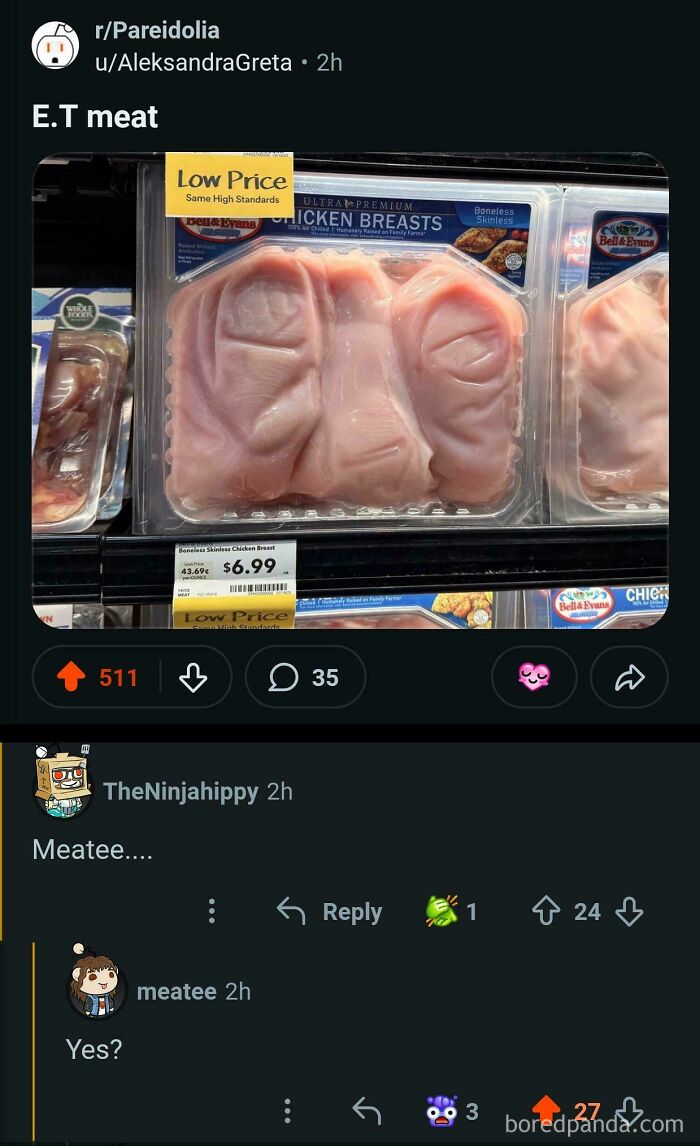 Packaged chicken breasts resembling an alien face with a perfect username popping up in a funny online conversation.