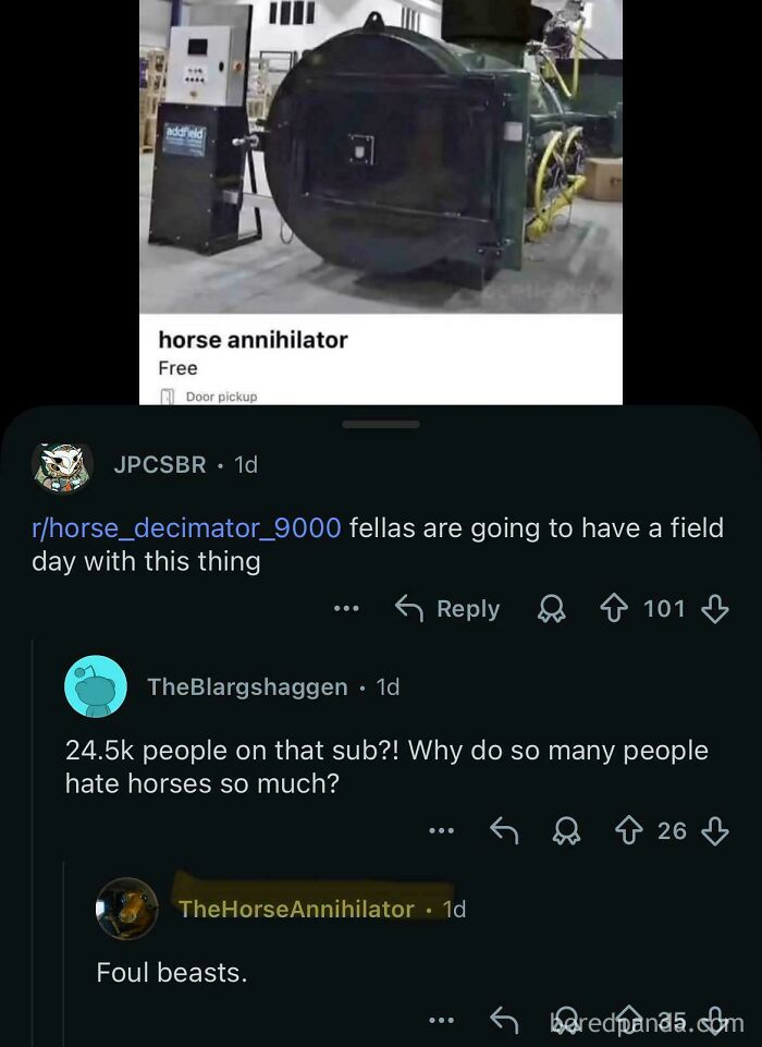 Image showing an online conversation featuring a perfect username related to a horse annihilator machine.