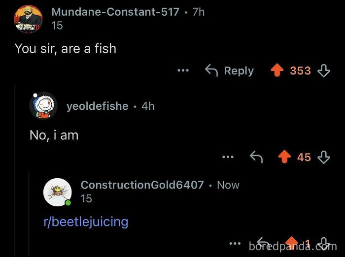 Reddit conversation shows a perfect username responding with "No, i am" in a beetlejuicing moment online.