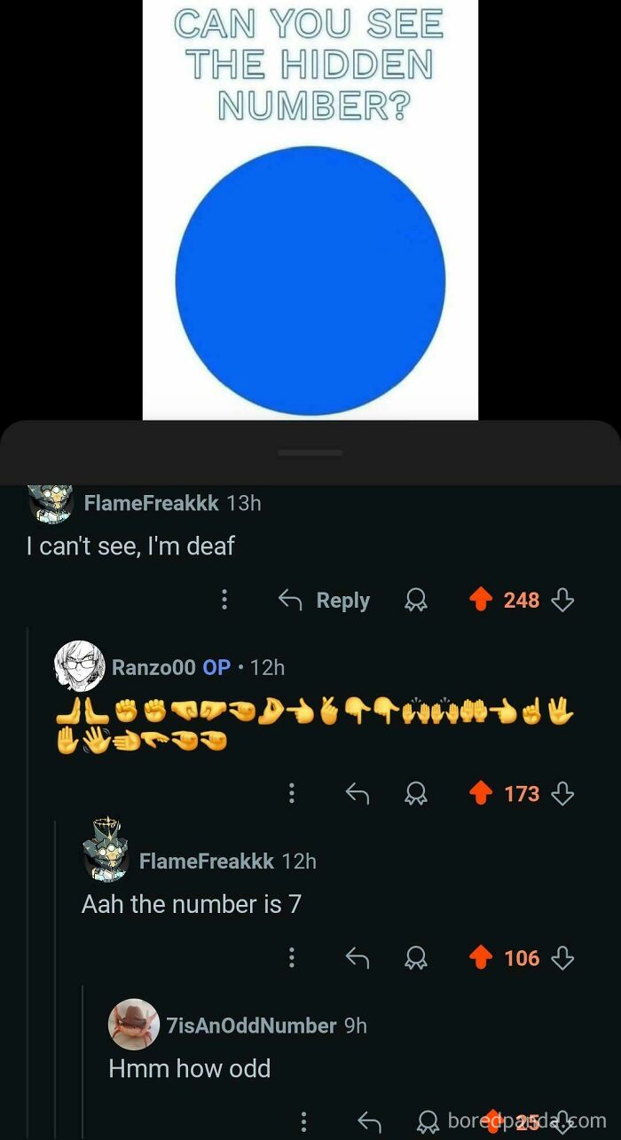 Online conversation where a user with the perfect username 7isAnOddNumber replies to a hidden number post.