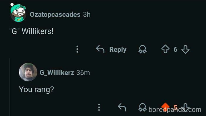 Online conversation showing a perfect username moment with G_Willikerz replying to a comment about Willikers.
