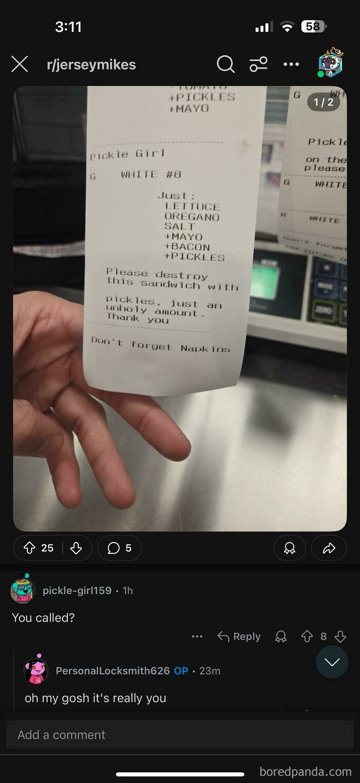 Reddit post showing a receipt with the perfect username pickle-girl159 in an online conversation thread.