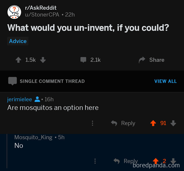 Reddit conversation showing a perfect username Mosquito_King responding to a question about un-inventing mosquitos.