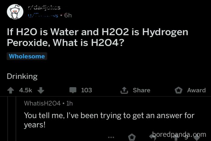 Online conversation featuring a perfect username with witty chemistry question and playful reply.