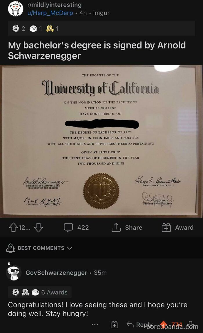 Reddit screenshot showing a perfect username GovSchwarzenegger replying to a post about a signed degree.