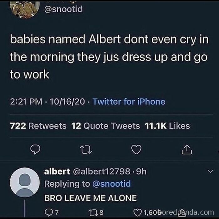 Twitter exchange showing a perfect username albert replying humorously to a tweet about babies named Albert in an online conversation.