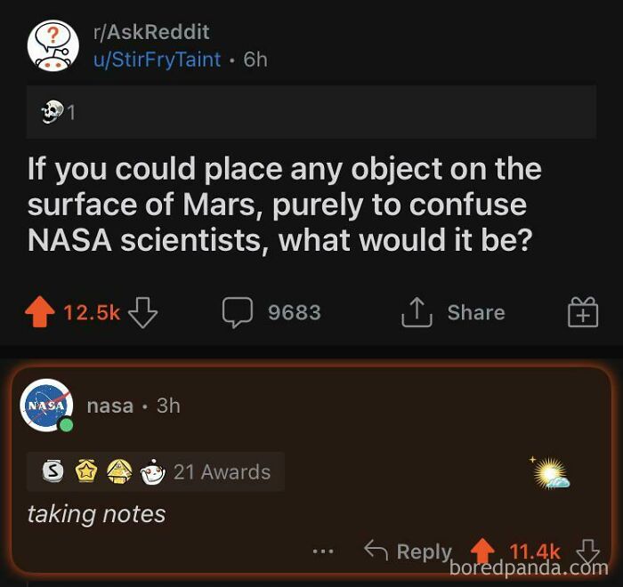 Reddit thread showing a perfect username NASA replying cleverly in an online conversation about Mars.
