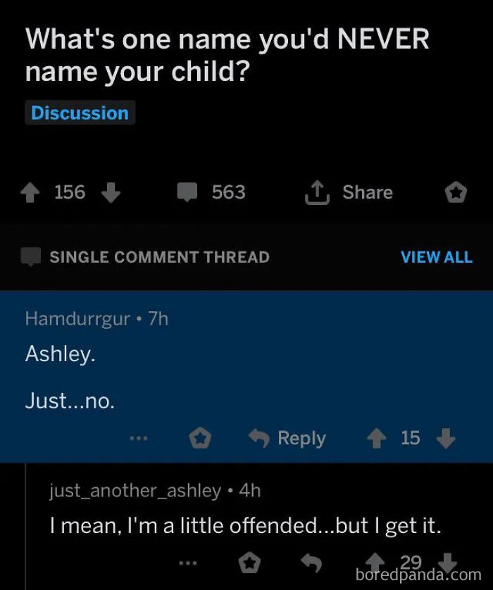 Online conversation shows a perfect username just_another_ashley replying to a discussion about baby names.