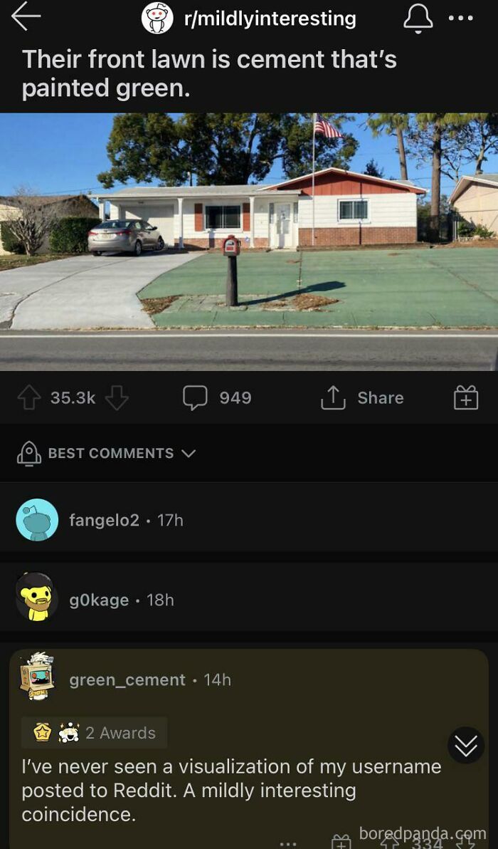 Screenshot of Reddit conversation showing perfect username green_cement commenting on a painted green cement lawn.