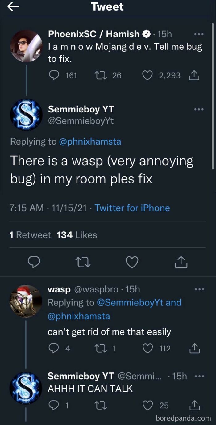Twitter conversation featuring a perfect username wasp responding humorously to a bug complaint in an online chat.