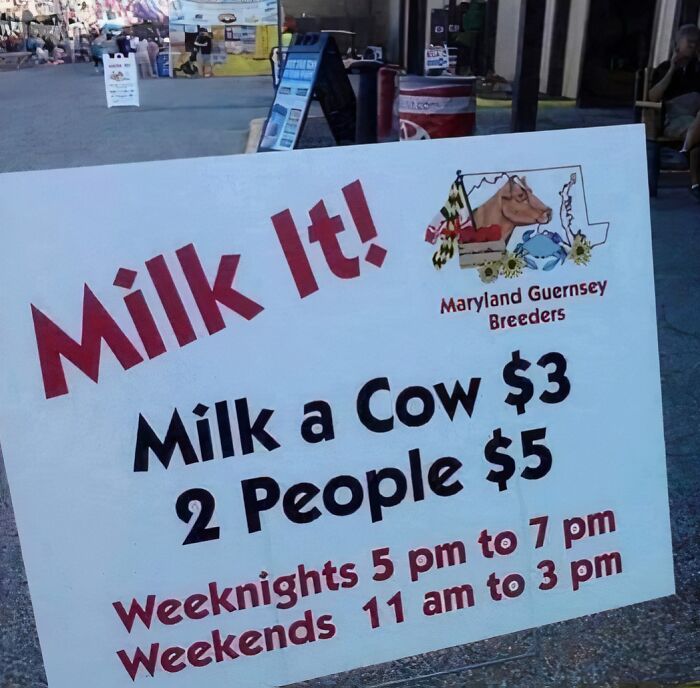 Sign offering to milk a cow for $3 or two people for $5, featured in funny signs that make people laugh or do a double take.