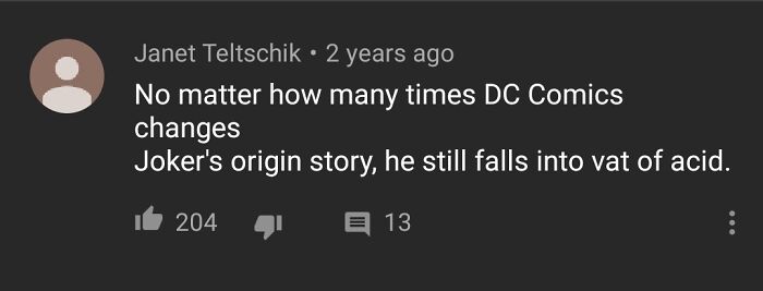 Comment about DC Comics Joker origin story with humor, fitting the theme of old photos that aged badly and cause facepalms.