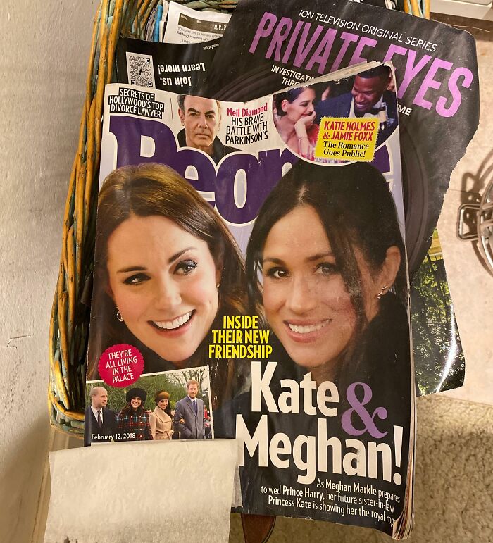 Old photos aged badly shown on vintage magazine covers featuring Kate and Meghan in a basket with other retro magazines.