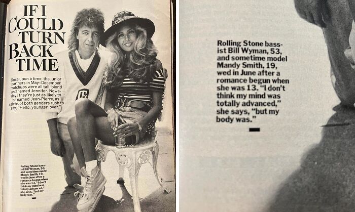 Vintage magazine photo of Rolling Stone bassist Bill Wyman and model Mandy Smith, showcasing outdated fashion and age gap controversy.
