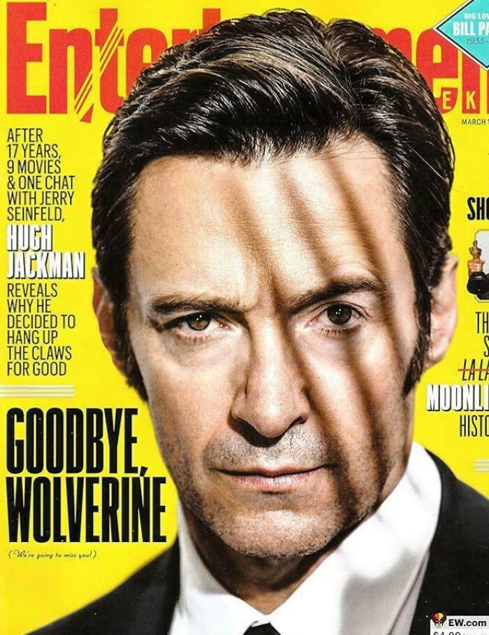 Close-up of Hugh Jackman on a magazine cover, showing an aged photo style with dramatic shadow lines on his face.