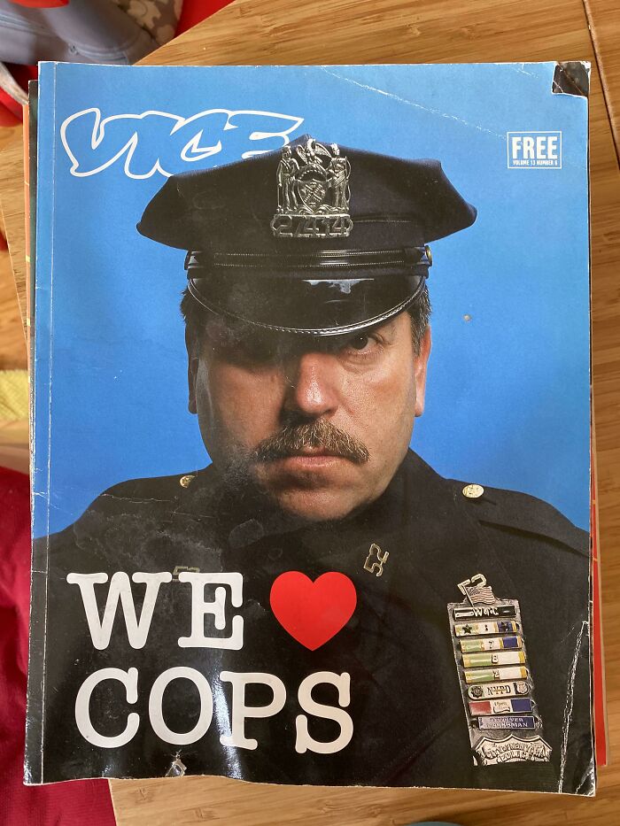 Vintage police officer portrait on a worn magazine cover showing old photos that aged badly and facepalm moments