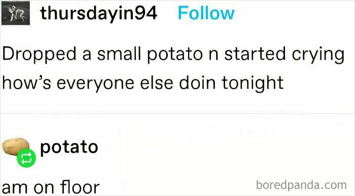Social media conversation featuring a perfect username potato responding humorously in an online chat.