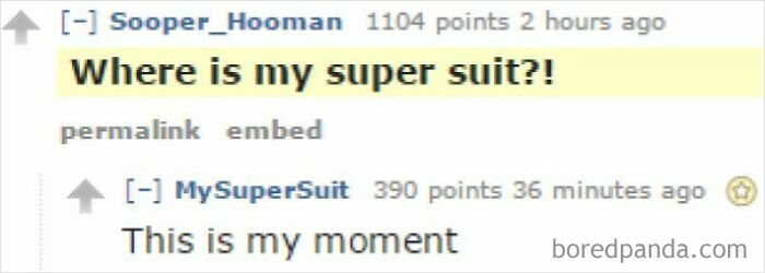 Online conversation screenshot showing a perfect username MySuperSuit replying to Sooper_Hooman about a super suit.