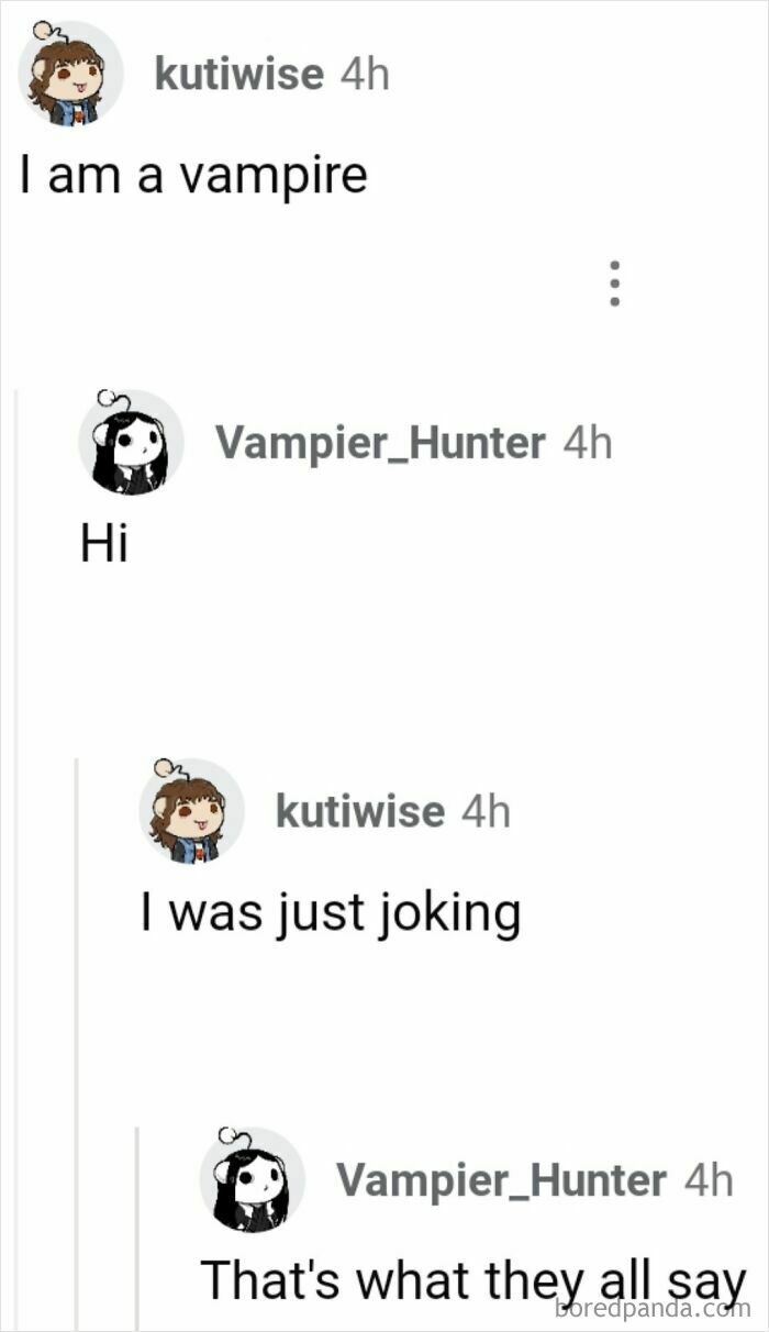 Online conversation with perfect usernames Vampier_Hunter and kutiwise playfully discussing vampires.
