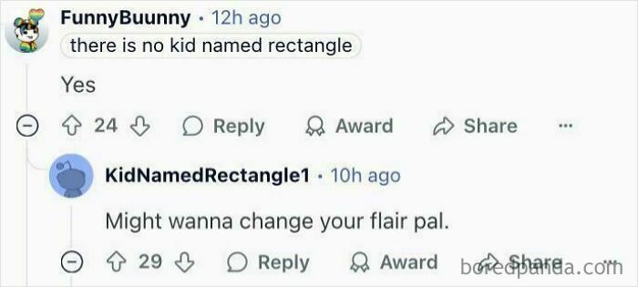 Online conversation with a person having the perfect username KidNamedRectangle humorously joining the discussion.