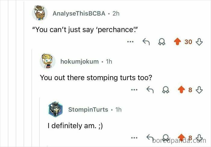 Online conversation showing a perfect username StompinTurts responding to a comment about stomping turts.