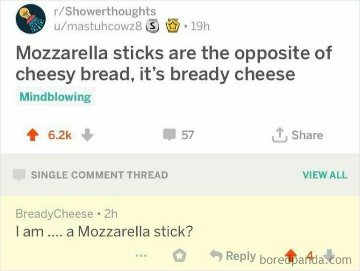 Reddit conversation featuring a perfect username BreadyCheese popping up in an online discussion about mozzarella sticks.