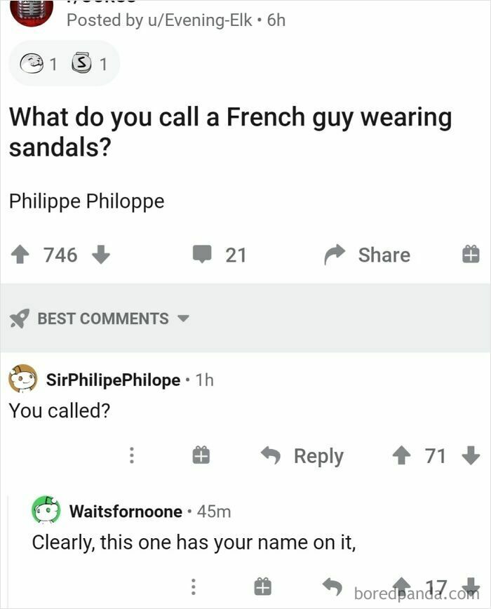 Reddit conversation showing a perfect username pun related to a French guy wearing sandals in an online conversation.