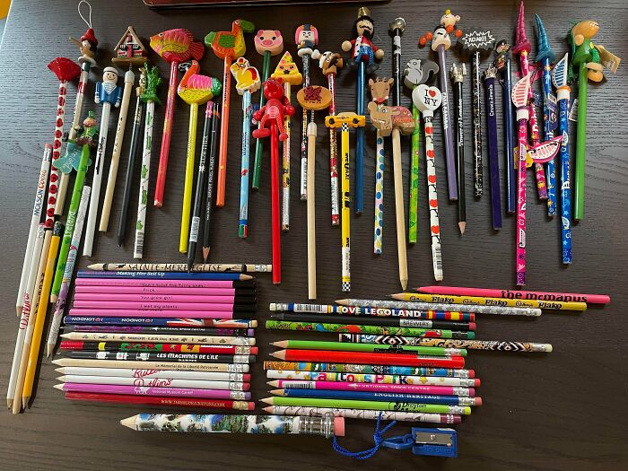 Collection of pencils with unique and colorful tops revealing obsessions that grew into impressive collections.