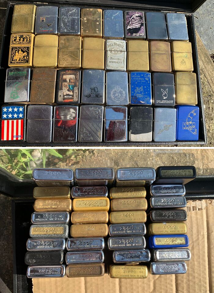 Collection of vintage Zippo lighters showing the obsession that grew into a unique people collection.