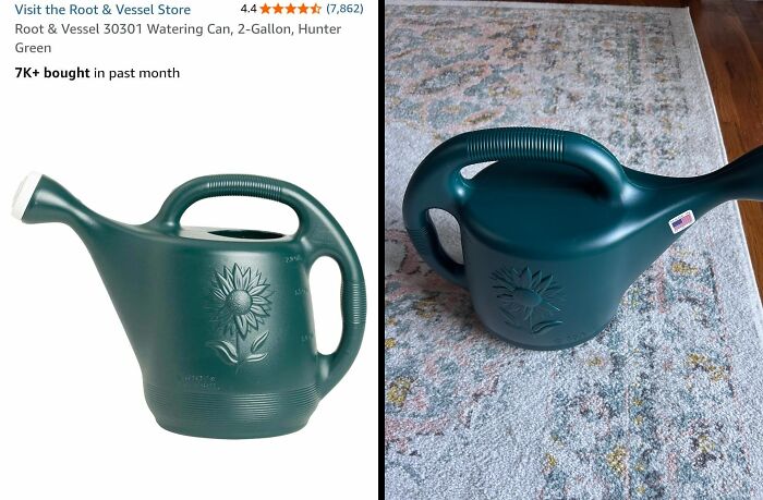Green watering can with sunflower design and missing spout, illustrating disappointing shopping fails causing trust issues.