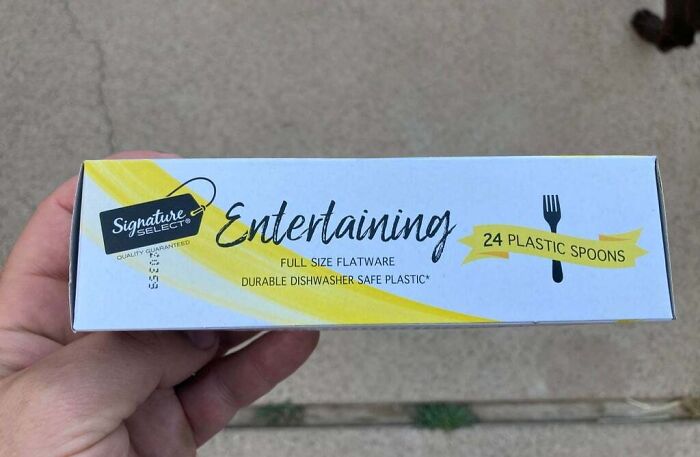 Box labeled entertaining plastic spoons, featuring 24 dishwasher-safe spoons, illustrating a disappointing shopping fail.