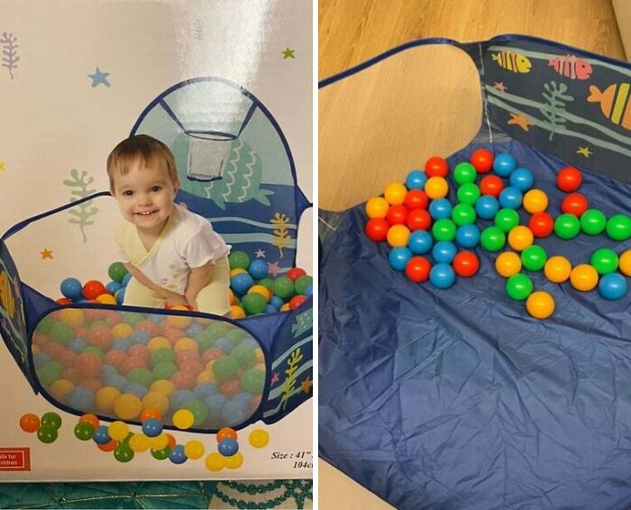 Child playing in ball pit on packaging versus empty ball pit with few balls, illustrating disappointing shopping fails and trust issues.