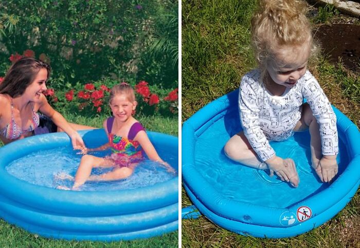 Side-by-side comparison of two inflatable pools showing a major disappointing shopping fail in pool size and quality.