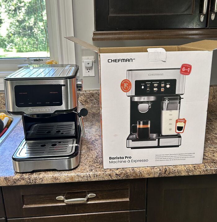 Chefman coffee machine next to its box, illustrating a disappointing shopping fail with a different product delivered than expected.
