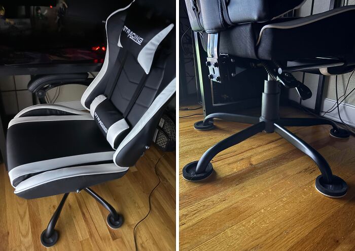 Black and white gaming chair with missing wheels showing a disappointing shopping fail causing trust issues.