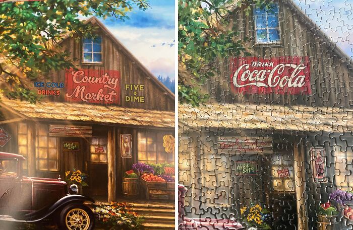 Two side-by-side images showing a vintage country market scene and a disappointing shopping fail puzzle with color and detail differences.