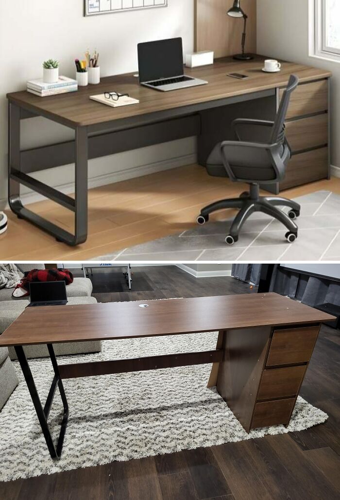 Side-by-side comparison of an online desk image and the actual received desk showing disappointing shopping fails.
