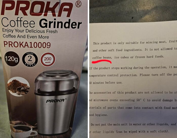 Coffee grinder product box and instructions that ironically state it is not suitable for grinding coffee beans, a disappointing shopping fail.