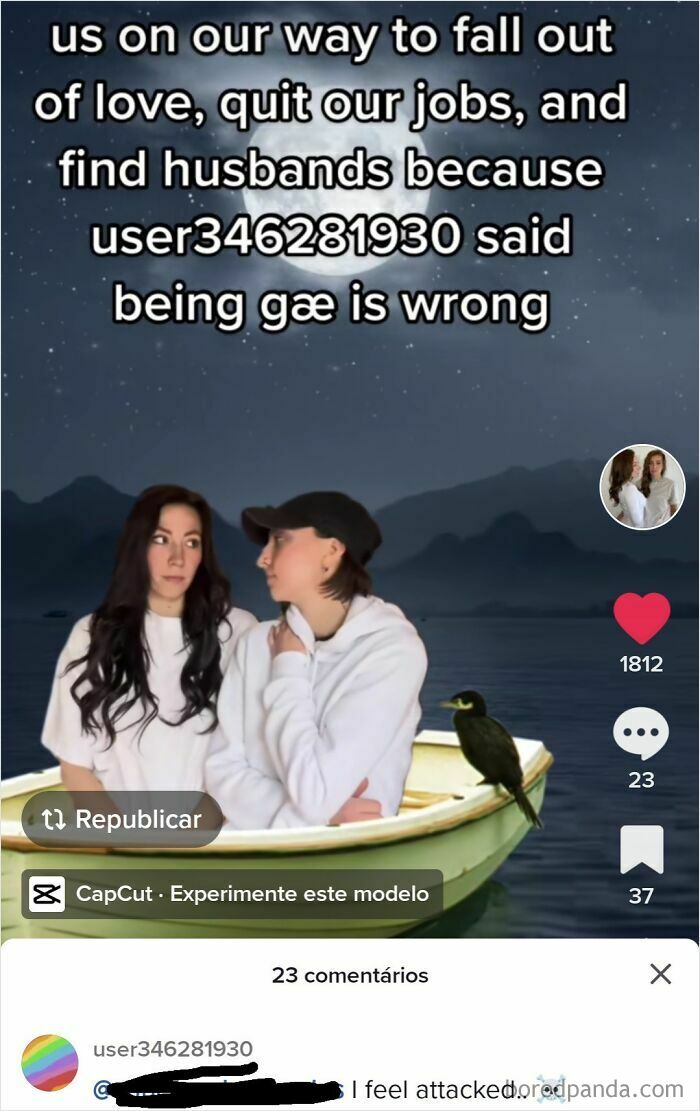 Two people in a boat at night under a full moon with text about a perfect username popping up in an online conversation.