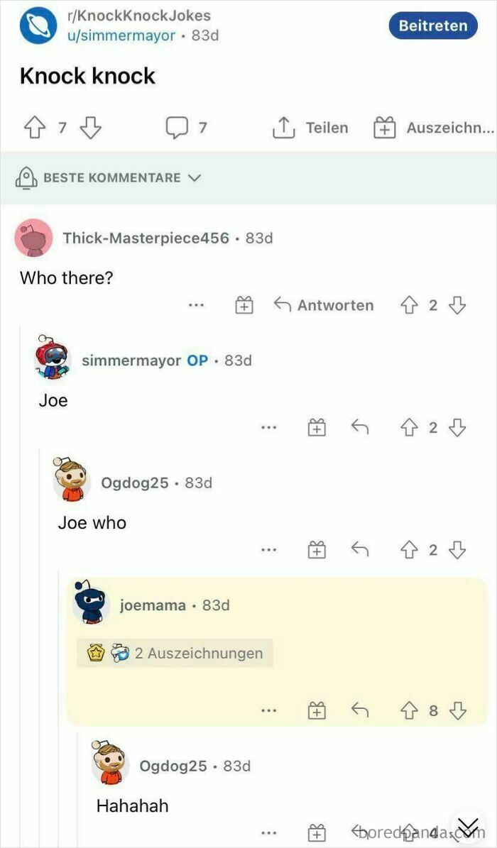 Reddit conversation showing a perfect username joemama popping up in a knock knock joke thread online.