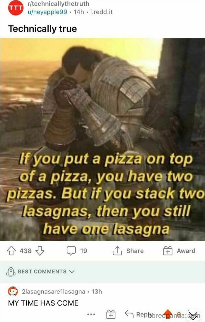 Screenshot of an online conversation featuring a perfect username about lasagna in a humorous pizza lasagna discussion.