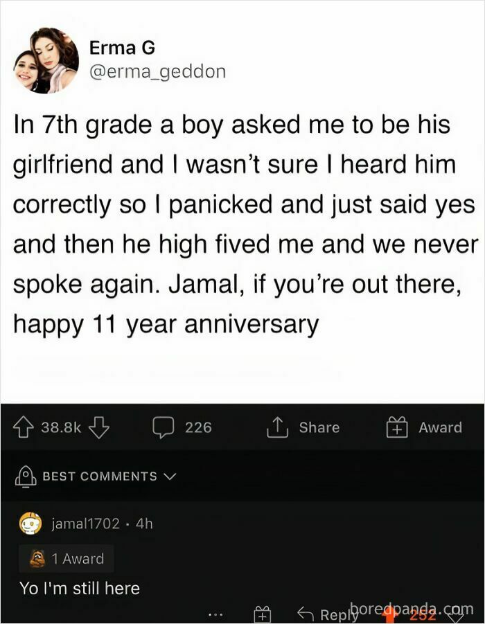 Online conversation showing a perfect username popping up with a nostalgic story and a reply from the original user.