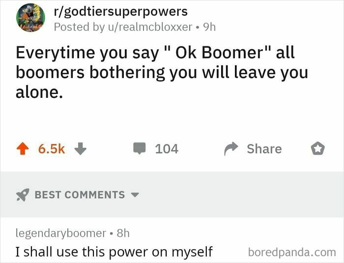 Reddit post showing a perfect username legendaryboomer replying to a comment about saying Ok Boomer.