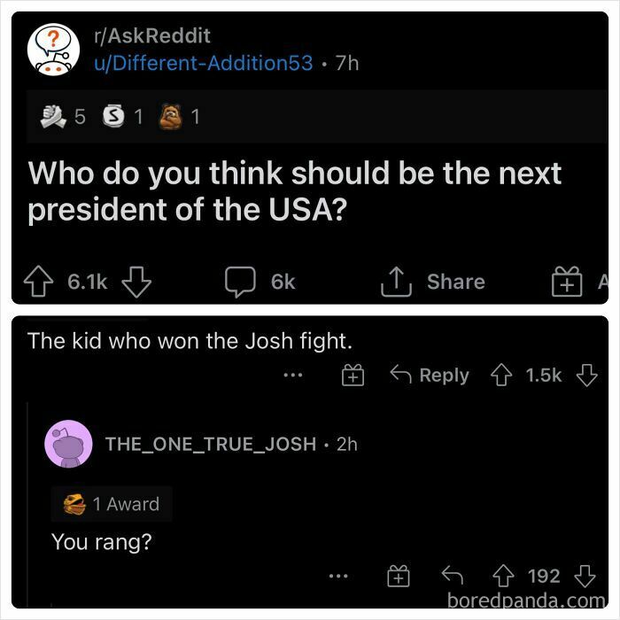 Reddit conversation showing a perfect username unexpectedly popping up in an online discussion about US president.