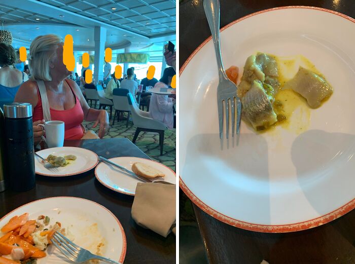 Woman in red top dining at restaurant, with plates of partially eaten food, illustrating entitled Karens behavior.