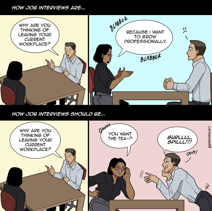 Job interview comic comparing how interviews are, with professional answers, versus how they should be, with candid confessions.