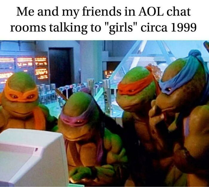 Teenage Mutant Ninja Turtles gathered around a computer, referencing nostalgic ’90s AOL chat rooms and early internet culture.