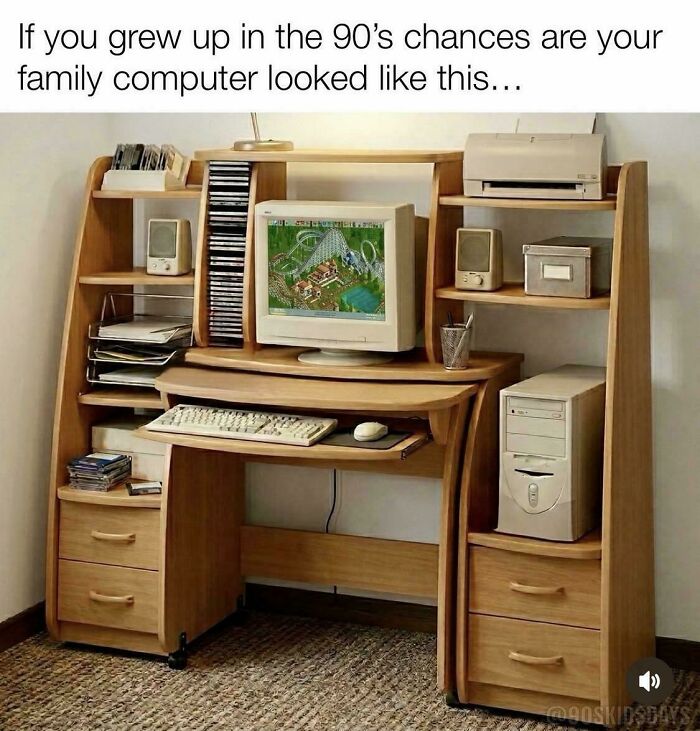 1990s family computer setup with CRT monitor, tower, keyboard, mouse, and wooden desk, evoking nostalgic childhood memories.