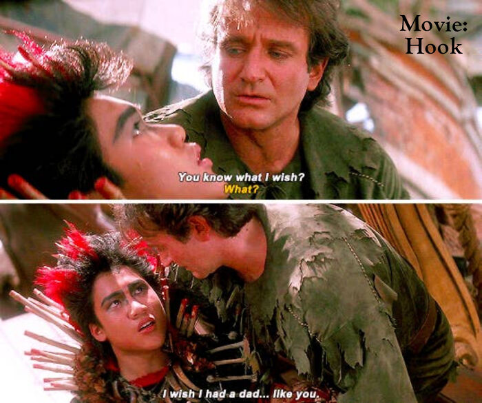 Scene from the 90s movie Hook with two characters sharing a heartfelt moment, evoking 90s nostalgia for kids today.