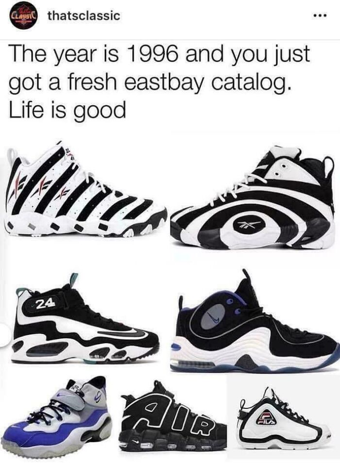 Collection of iconic 90s sneakers from a 1996 Eastbay catalog showcasing nostalgic kids today will never know style.